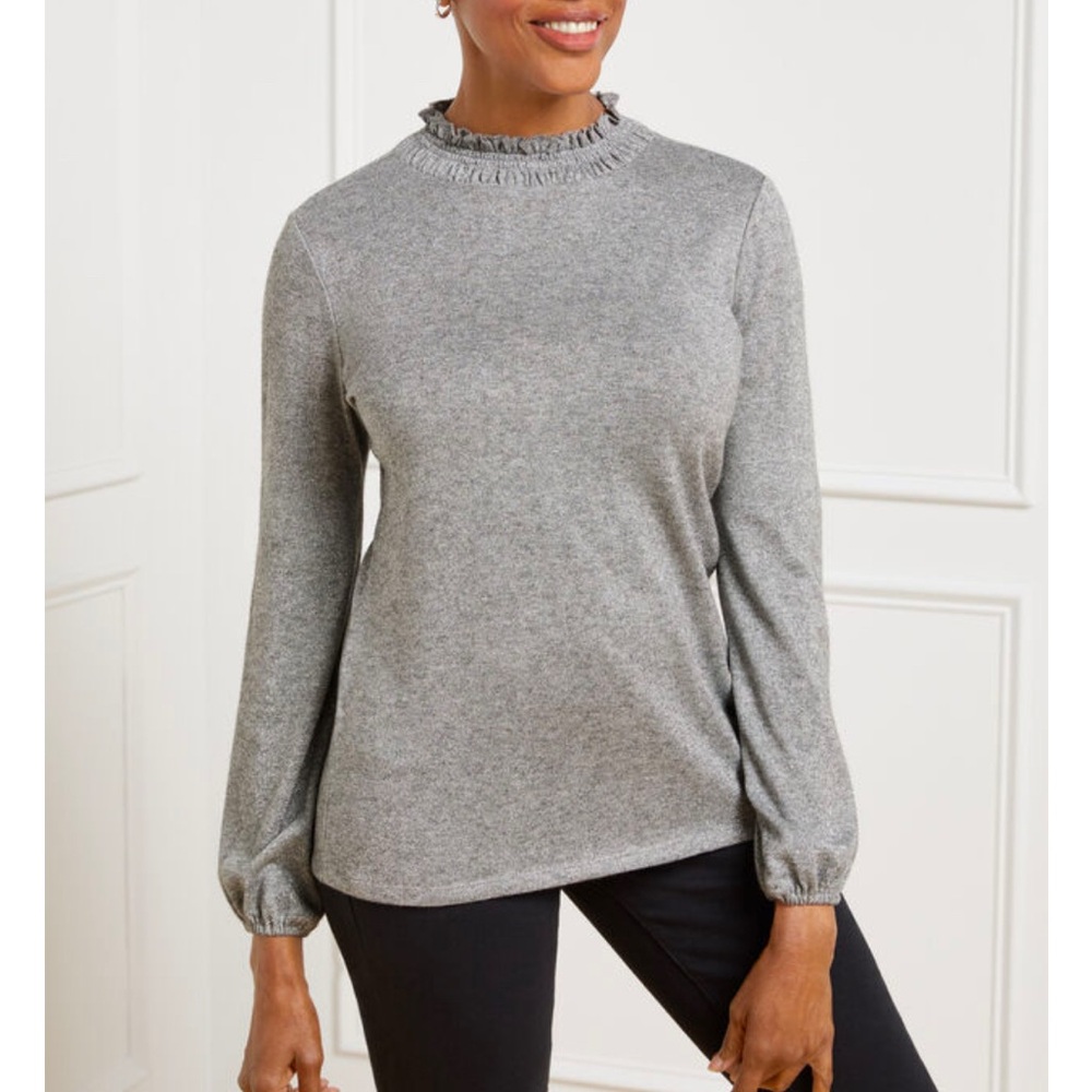 Talbots Women’s Petite XL Tie Back Smocked Top Gray Metallic Velvet